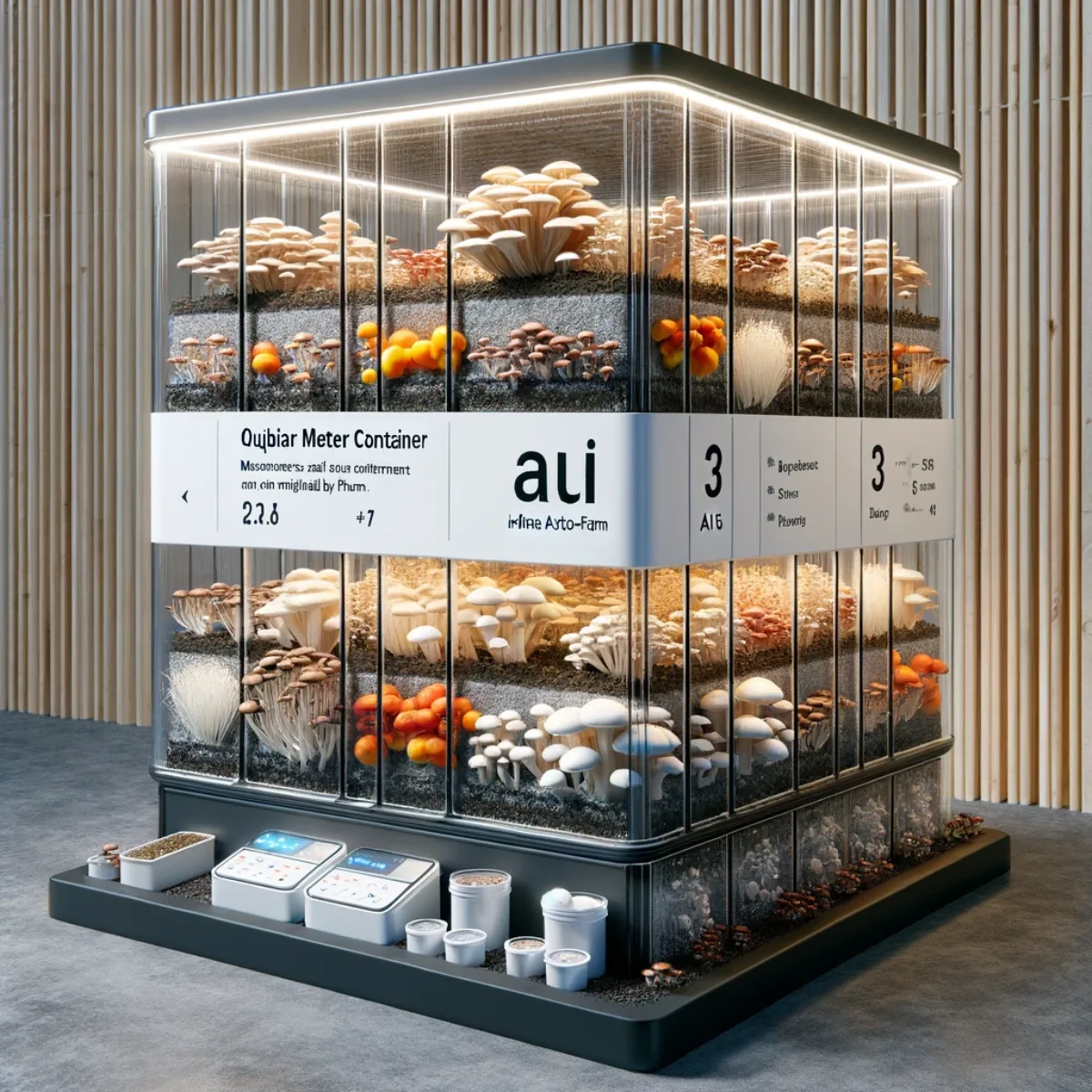 A cubic-metre container filled with diverse varieties of edible mushrooms in a controlled environment.