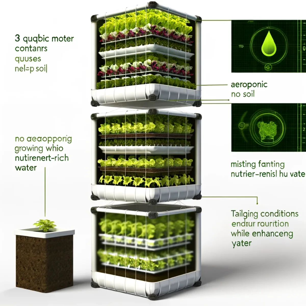 Cubic-metre containers stacked vertically, each housing a different variety of edible plants growing via aeroponics.