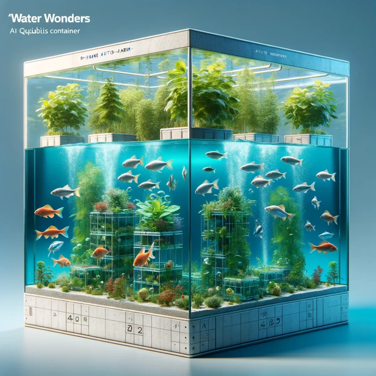A cubic-metre container showcasing an integrated fish aquaponics system.