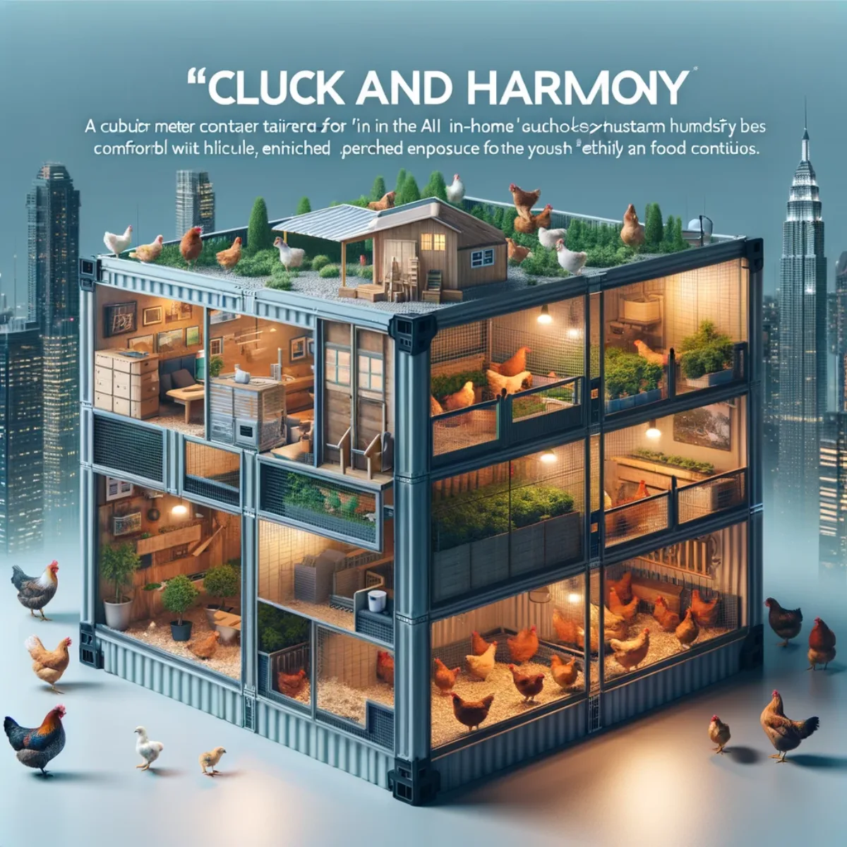 A cubic-metre container for ethical chicken husbandry within the AI auto-farm.