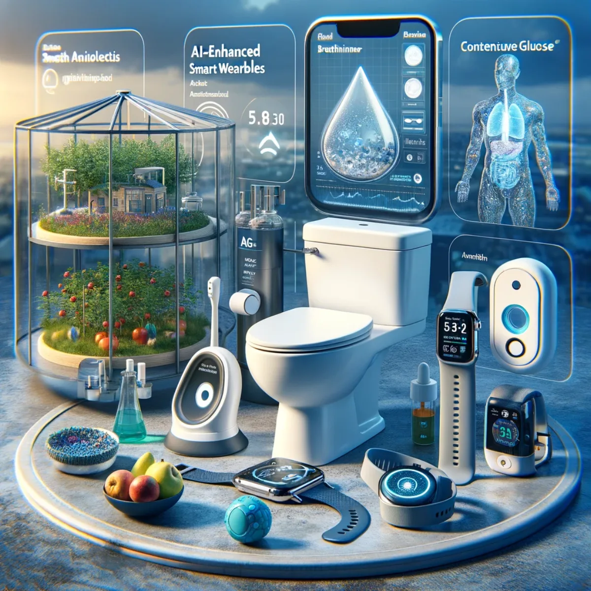 AI-enhanced smart wearables, including a smart toilet that analyses the microbiome and a breathalyser.