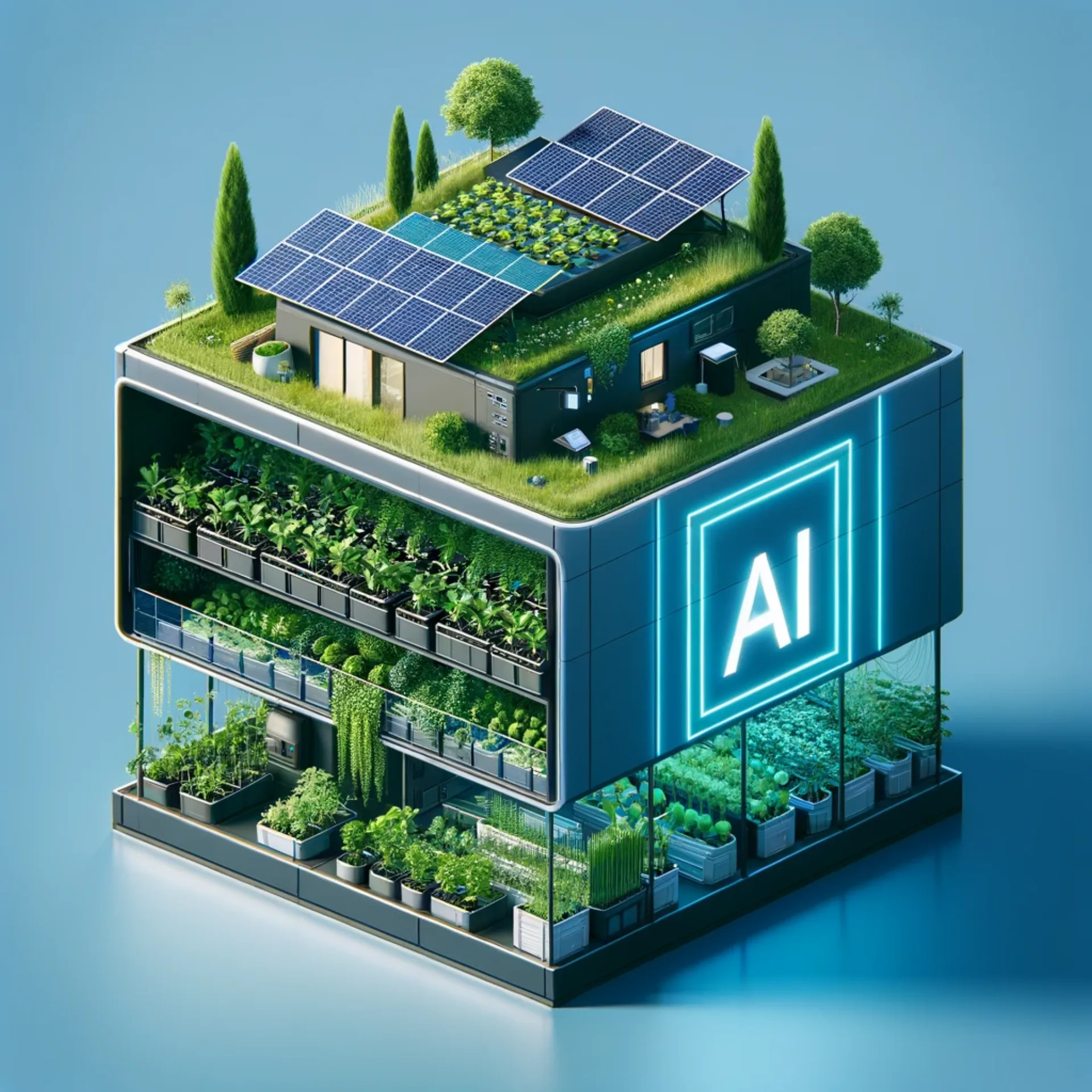 A sleek, modern rooftop filled with lush green plants, a compact and technologically advanced in-home AI auto-farm with vertical growing systems.