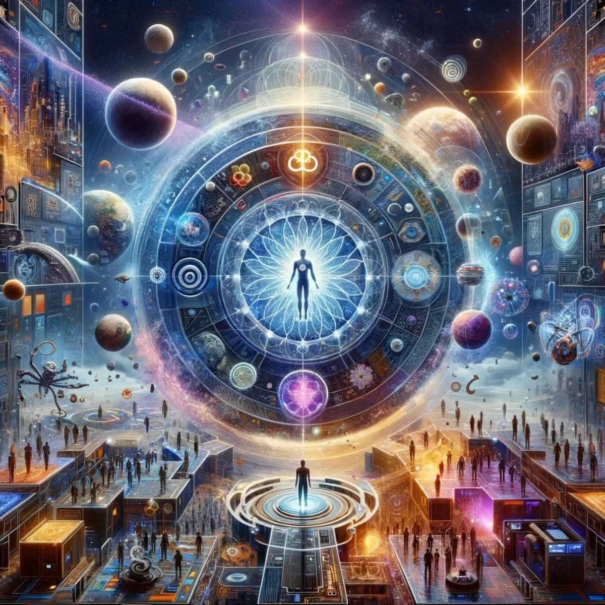 An abstract illustration representing the Alpha Infinity Foundation as the guiding force behind the Aura of Intelligence ecosystem.