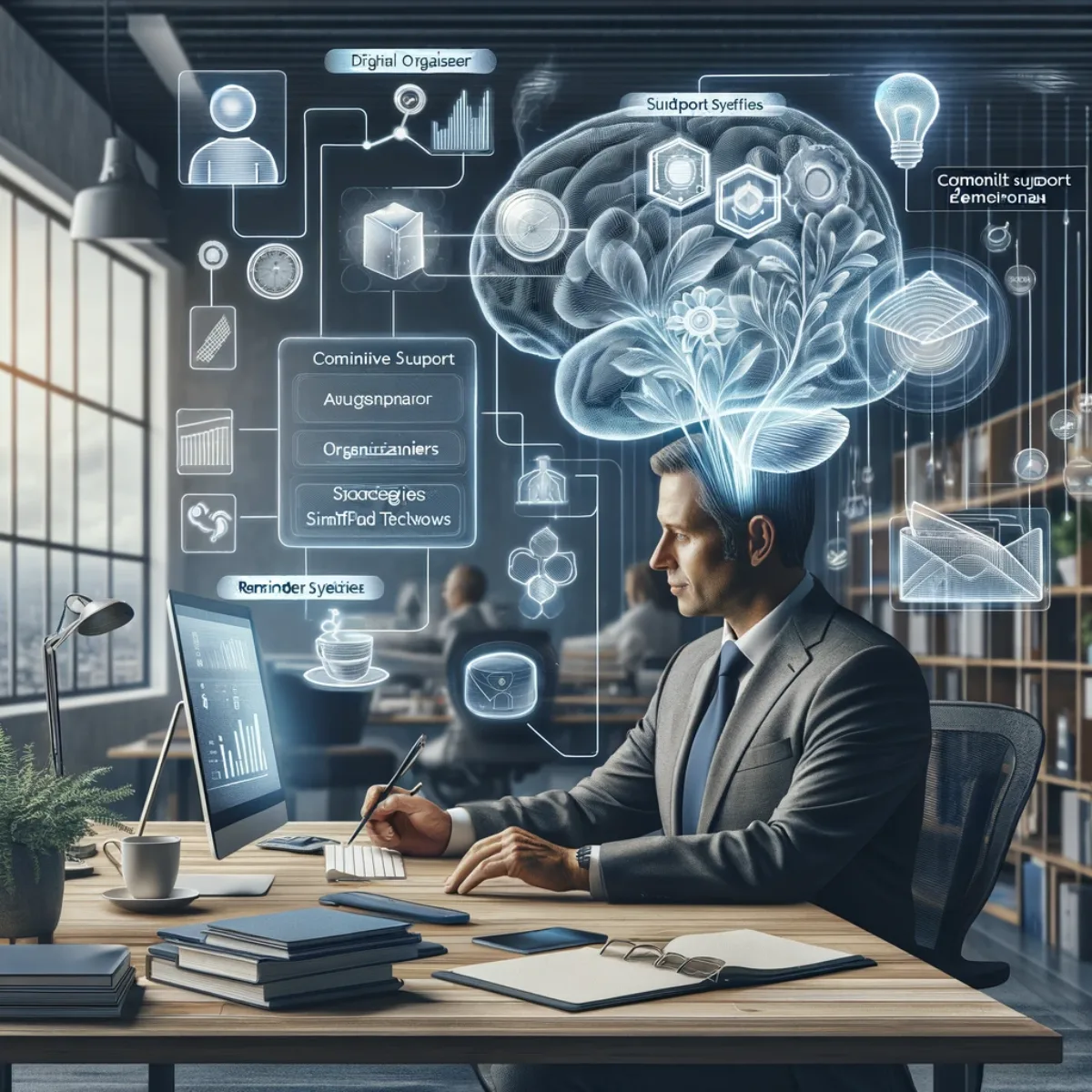 A professional using cognitive support tools and strategies in a workplace setting.