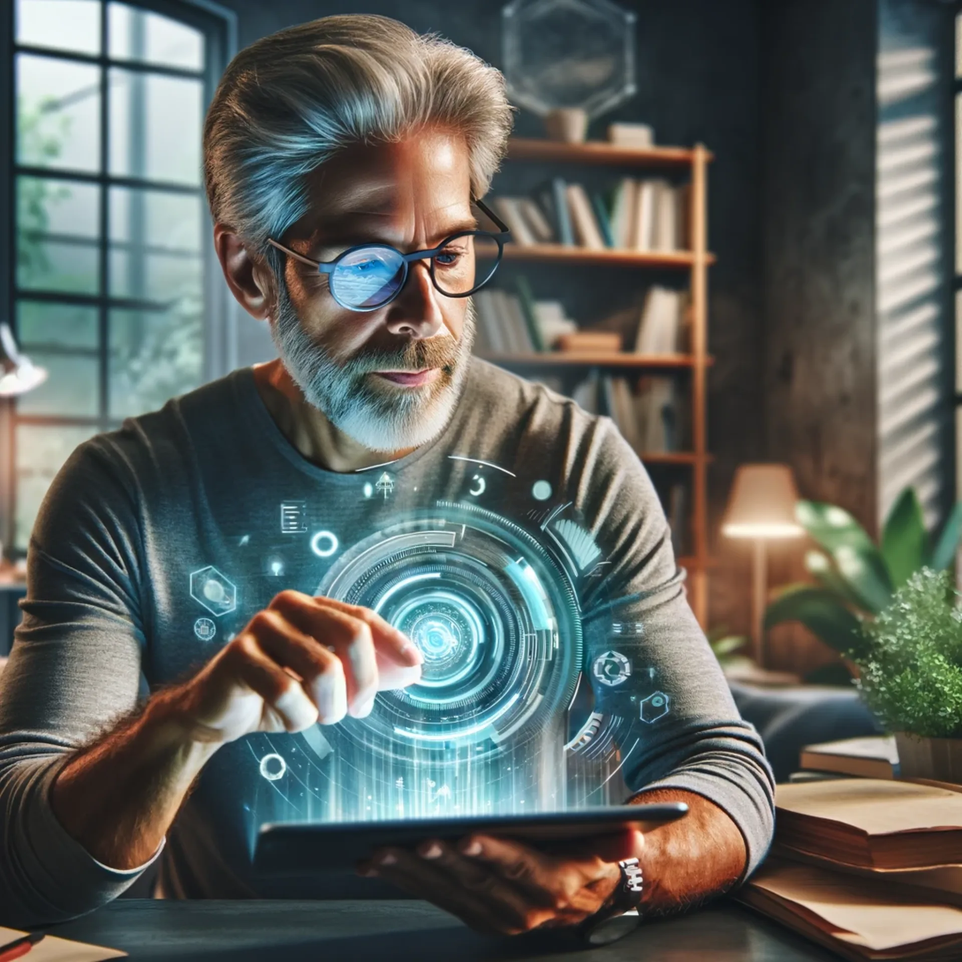 A middle-aged person engaging with advanced technology for cognitive support in a warm home setting.