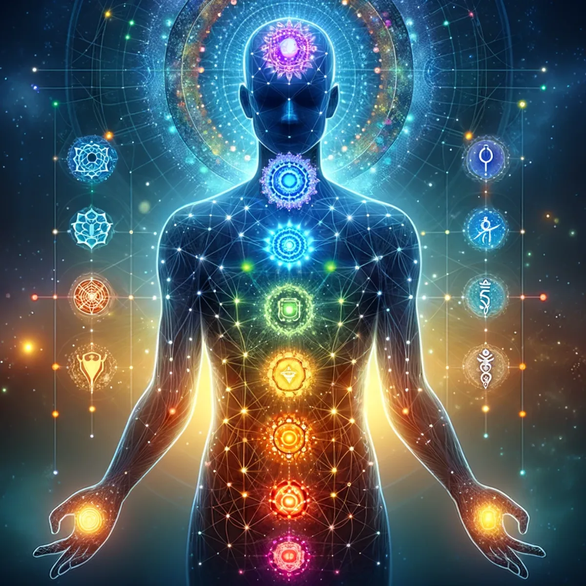 A digital interface representing the seven chakras of your aura in a human silhouette.