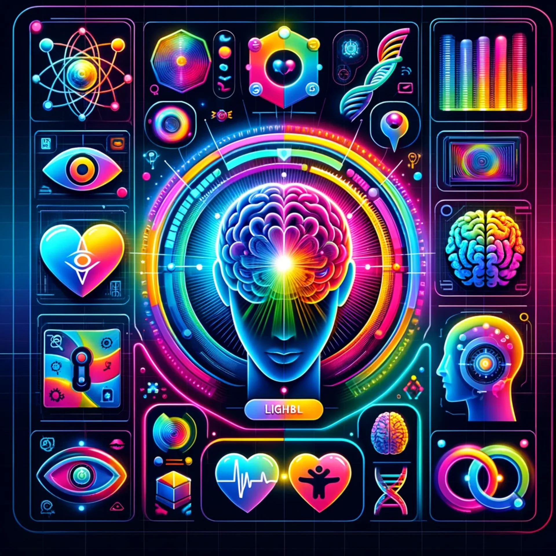 A digital tool panel interface with iconography for human consciousness and the stages of life.