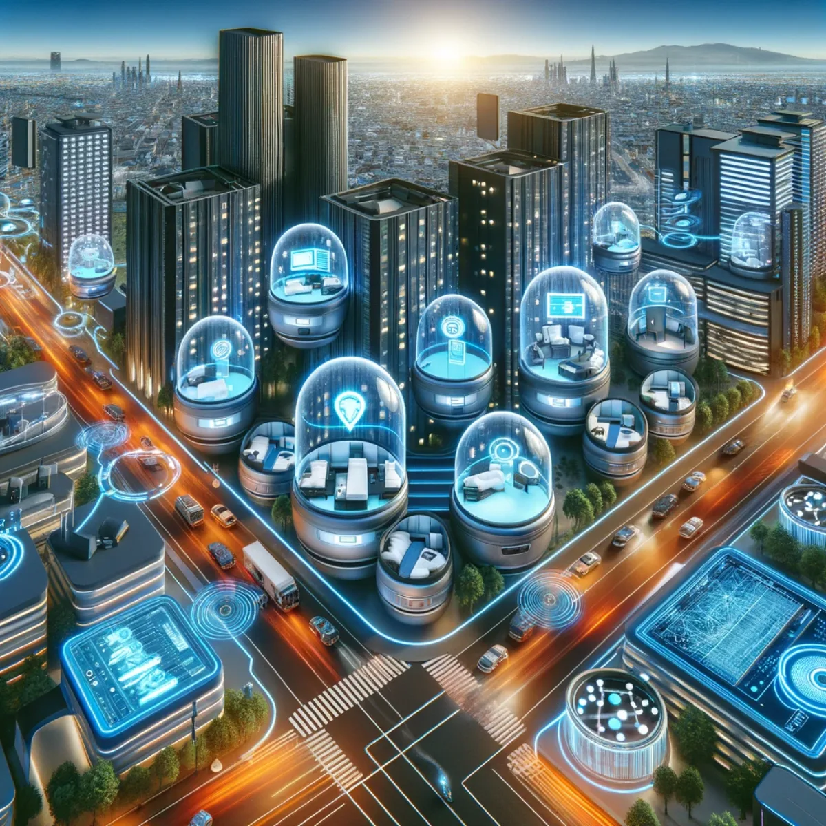 The Capsule Hotel integrated into a futuristic smart city, its pods connected to the city's infrastructure.