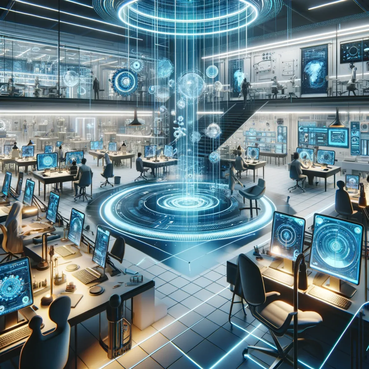 An innovation lab inside the Capsule Hotel, depicted as a futuristic collaborative maker space.
