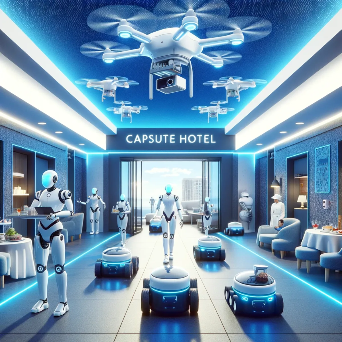 Automated convenience in the Capsule Hotel, with delivery drones and rolling robotic assistants.