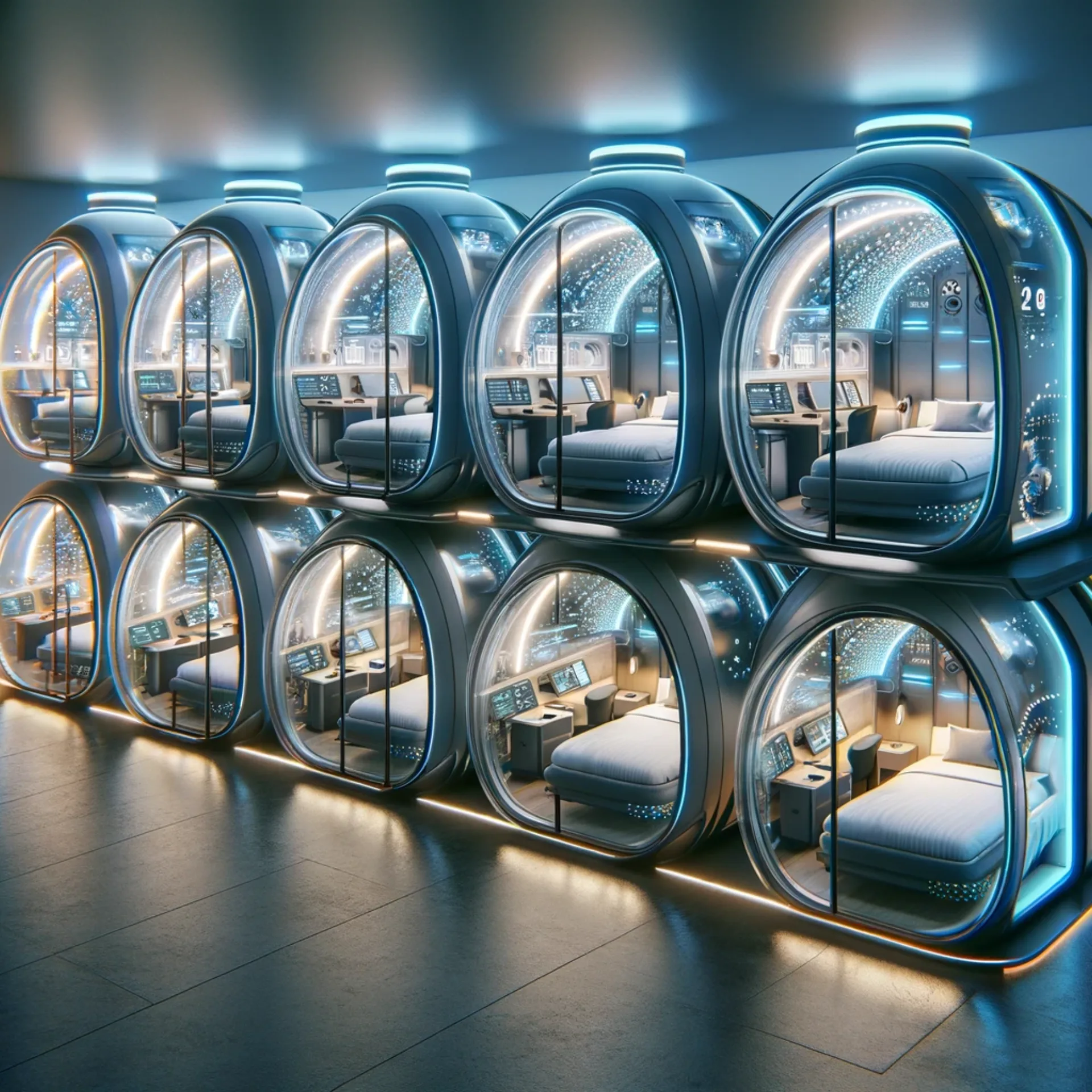A row of futuristic sleep pods in an Aura Capsule Hotel, each fitted with XR and AI technology.