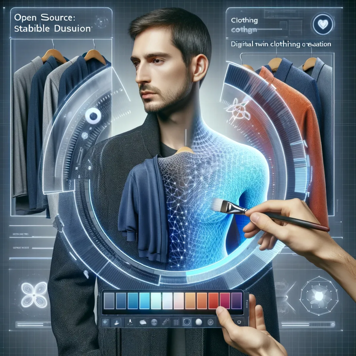 A digital interface for digital twin clothing creation, showing a 3D model with a focus on clothing.