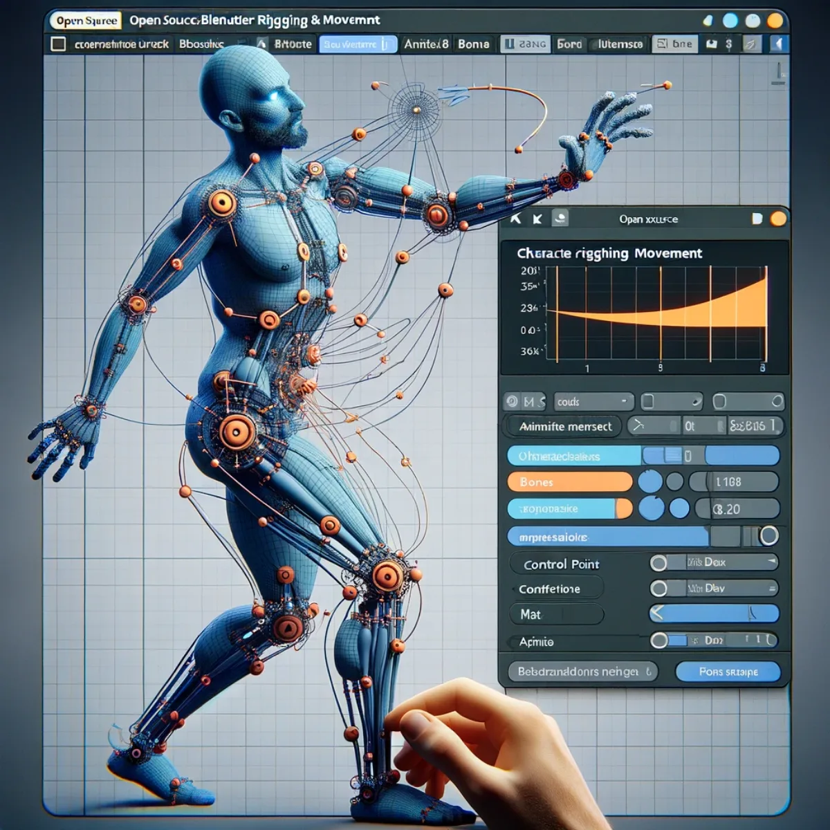 A 3D character model being rigged for movement, with Blender and Unity tools.