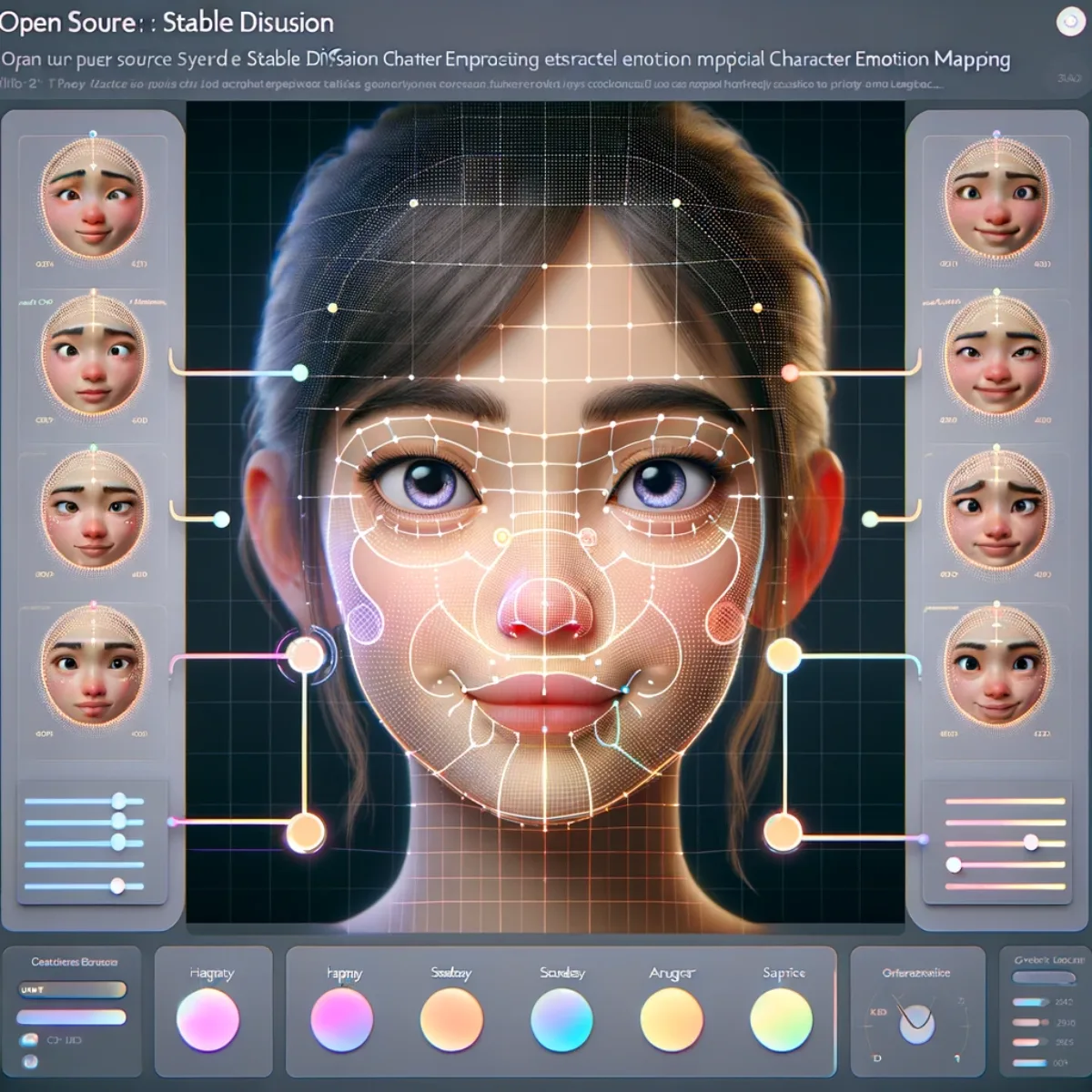 A 3D character's face displaying various emotion controls.