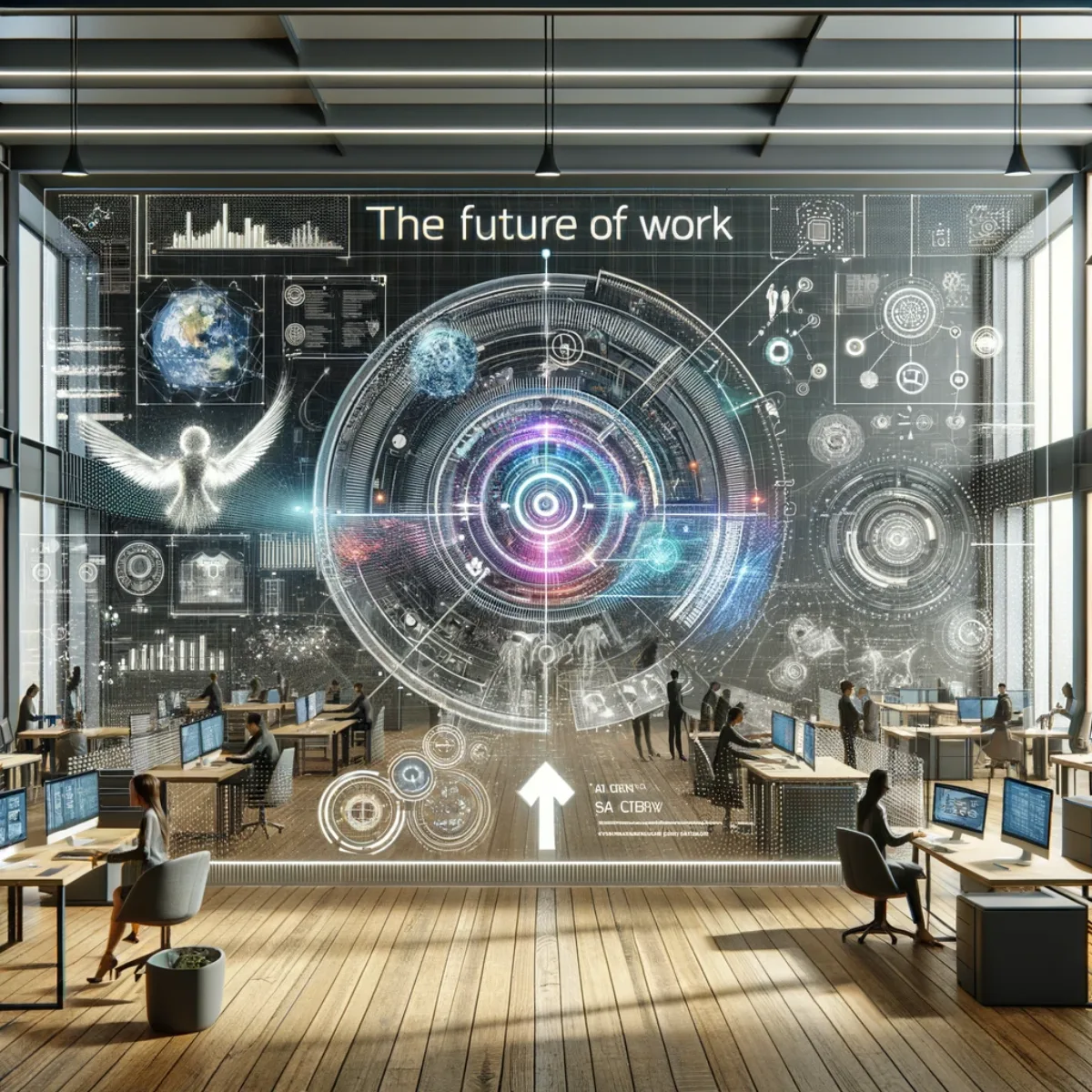 A high-tech environment with augmented reality and collaborative tools.