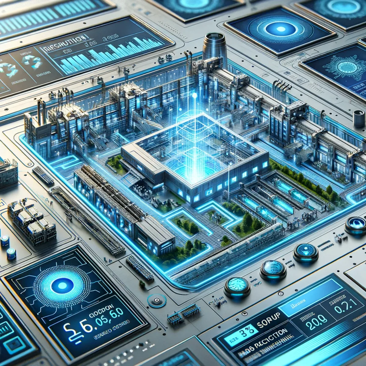 A futuristic control panel monitoring and managing semiconductor production.