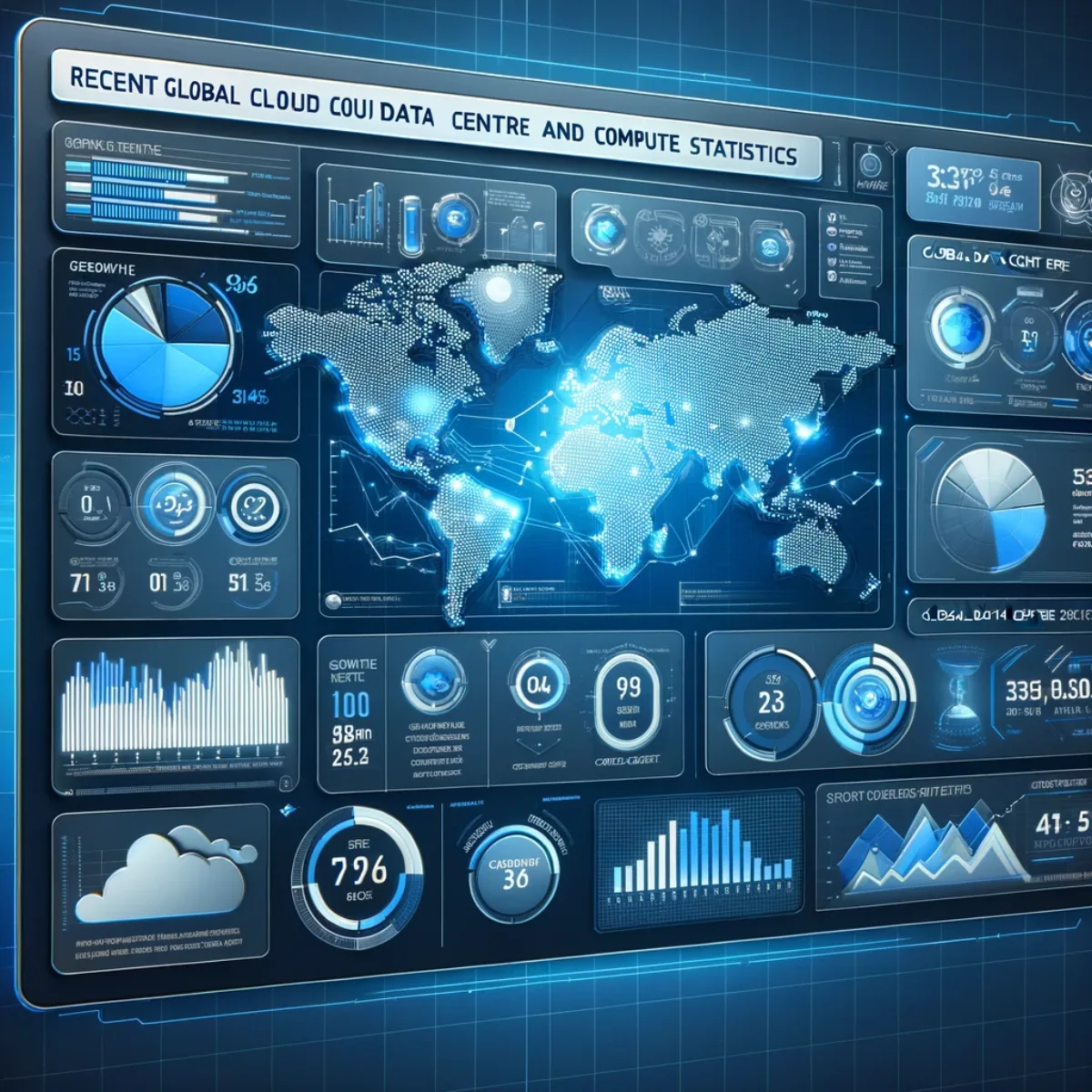 A sleek, futuristic dashboard visualising global cloud data centre statistics.