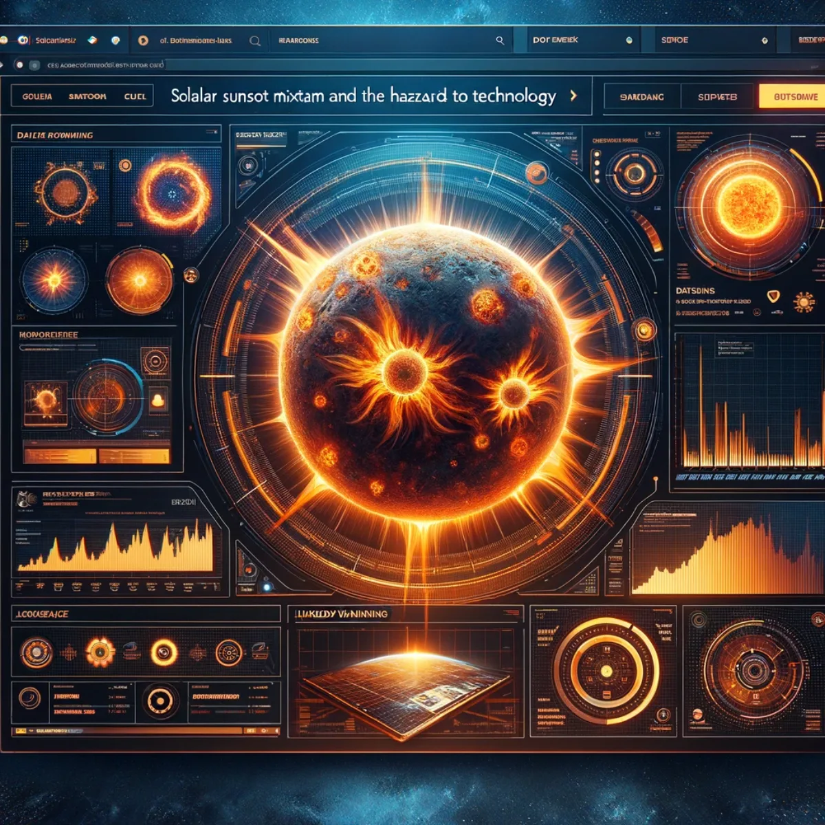 A space-themed digital interface illustrating solar sunspot activity and its hazard to technology.