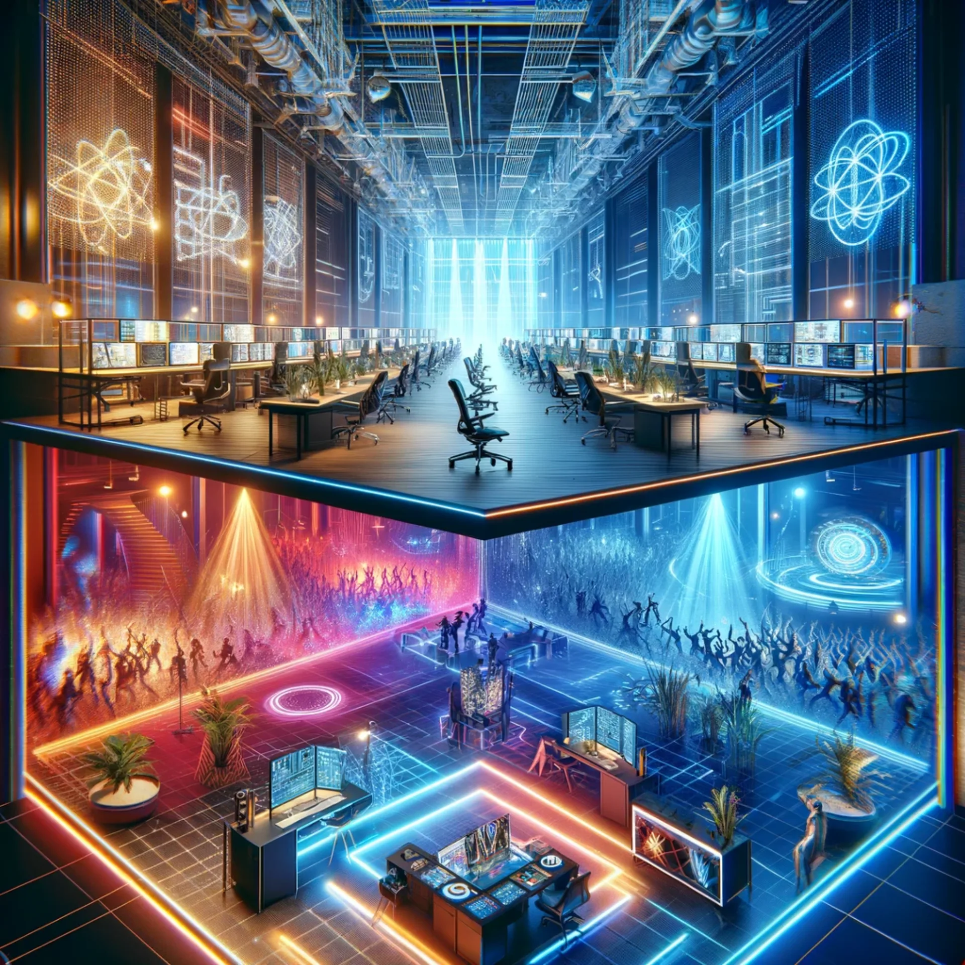 A futuristic space that transitions seamlessly between work and play.