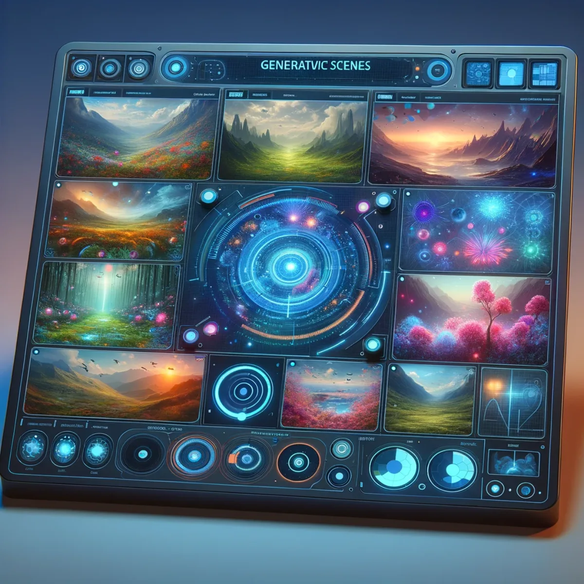 A futuristic control panel with holographic displays showing dynamic environments.