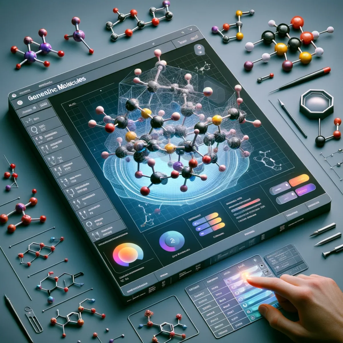 A digital interface resembling sophisticated molecular modelling software.