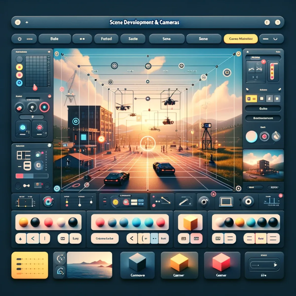 An interface for arranging 3D models and adjusting camera angles to create scenes.