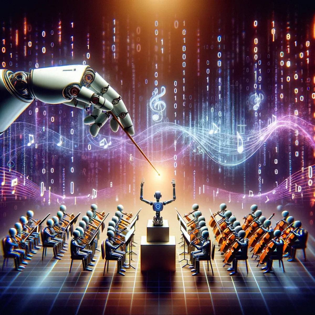A robotic arm conducting an orchestra of digital instruments.