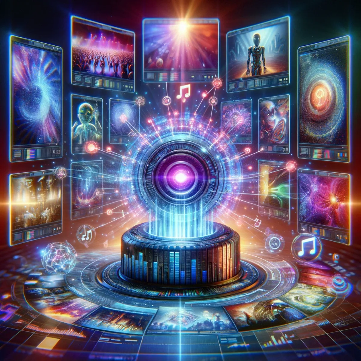 A digital AI core encased in a shell of screens, illustrating AI-generated music videos.
