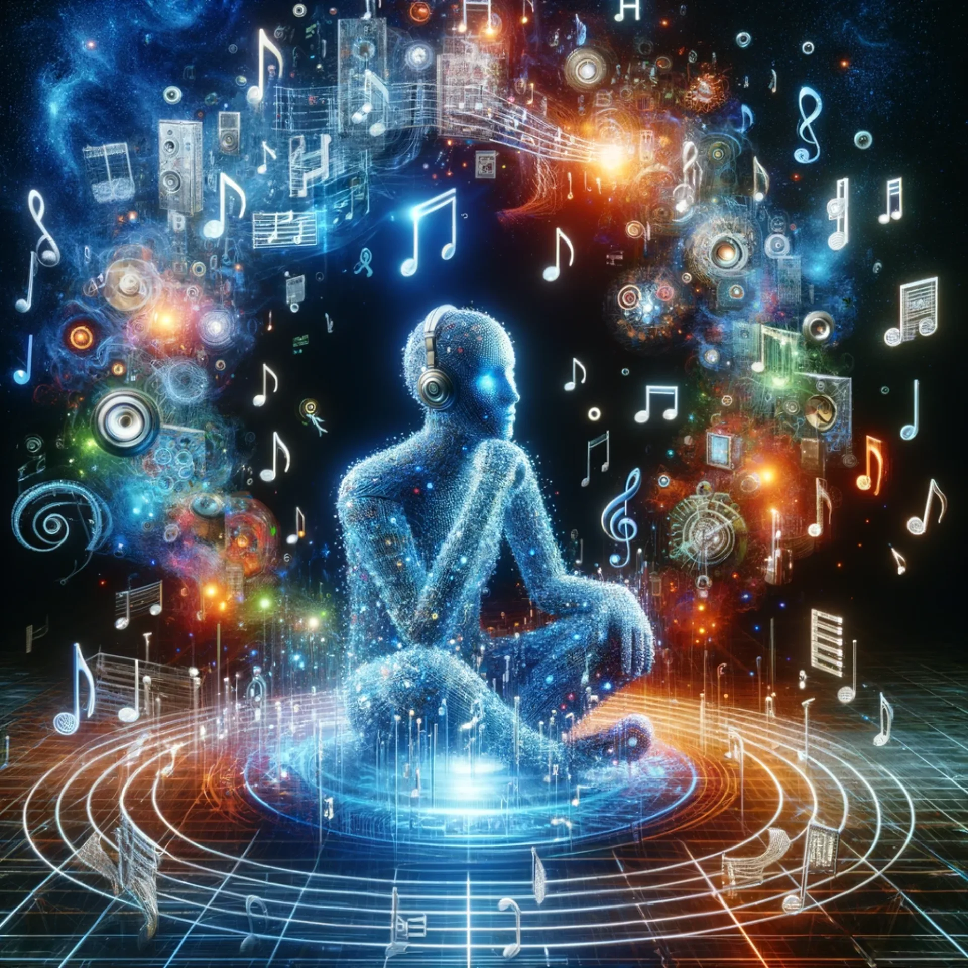 A vibrant futuristic scene visualising AI generating music lyrics.
