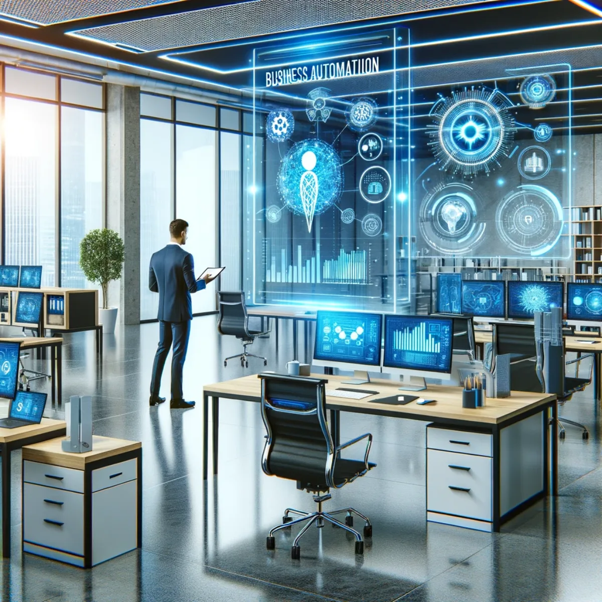 A futuristic office space with smart devices.