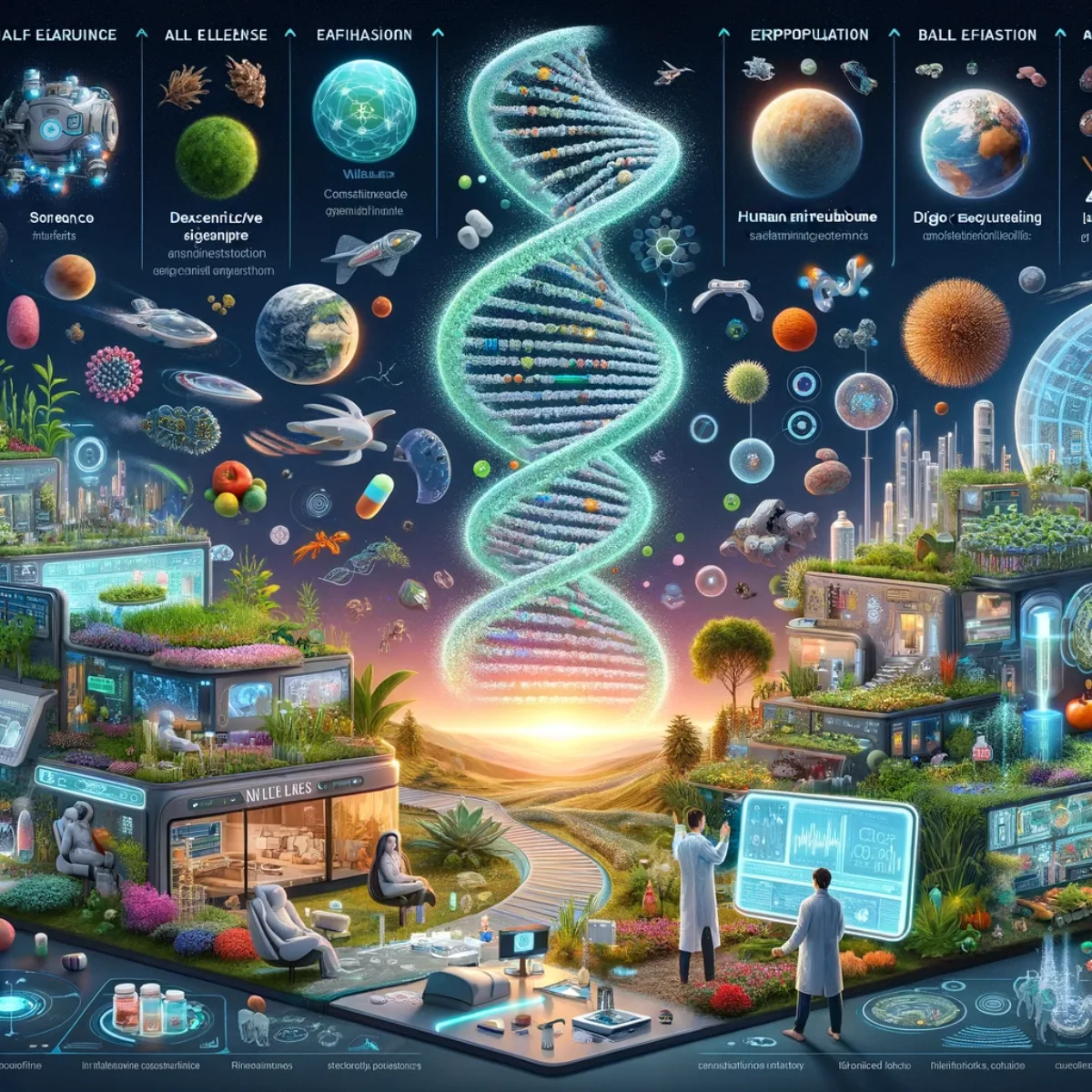 A presentation-style slide depicting a vision for addressing illness, disease and overpopulation through space expansion.