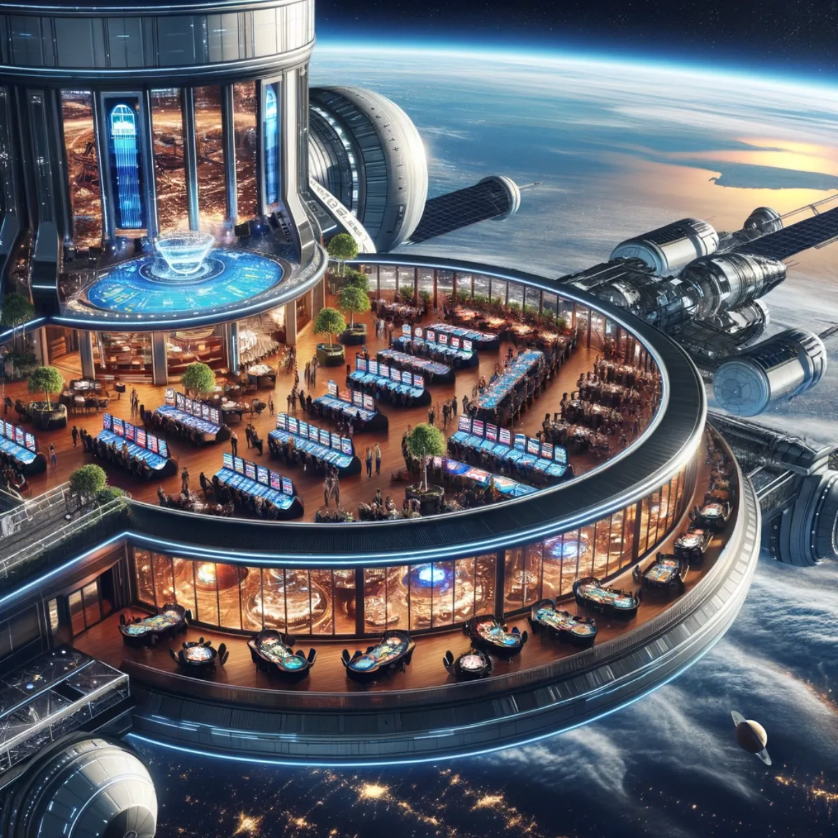 A luxurious entertainment casino and resort inside an orbital space station hovering above Earth.