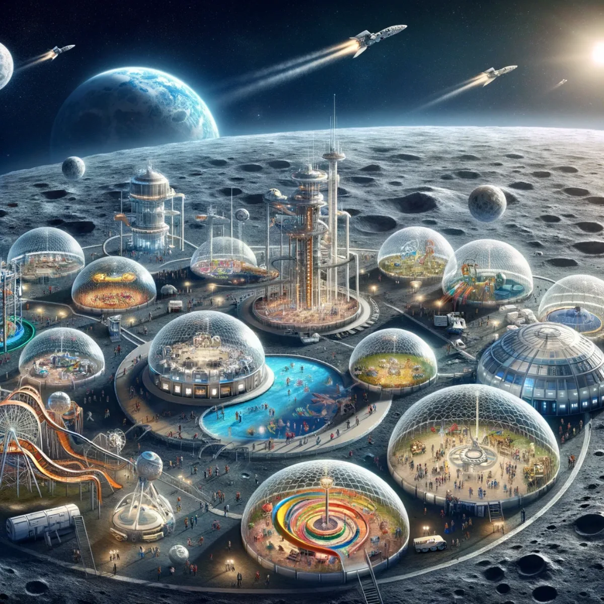 A civilian Moon base that doubles as an amusement park and scientific research centre.