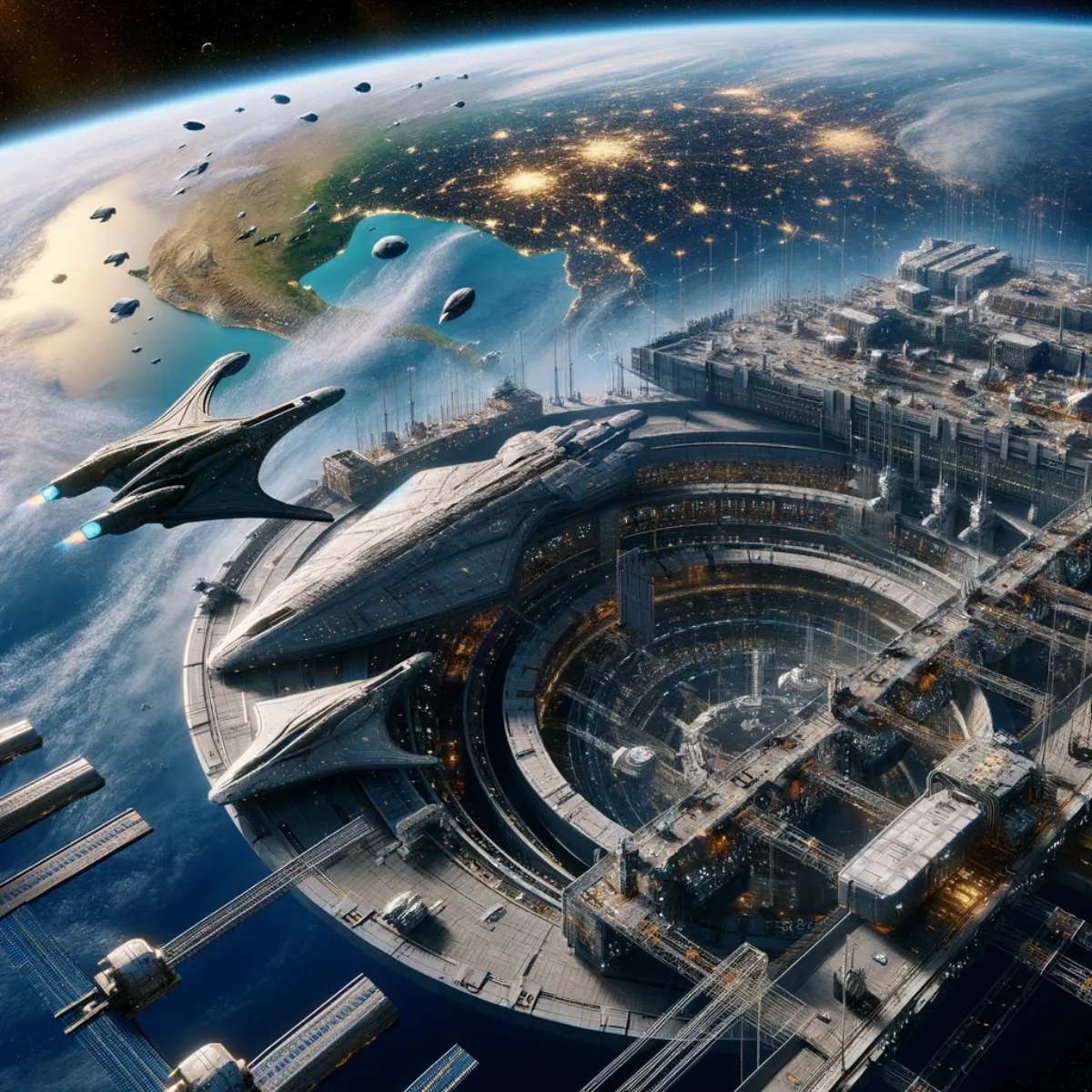 An orbital shipbuilding yard in geostationary orbit around Earth, constructing starships.