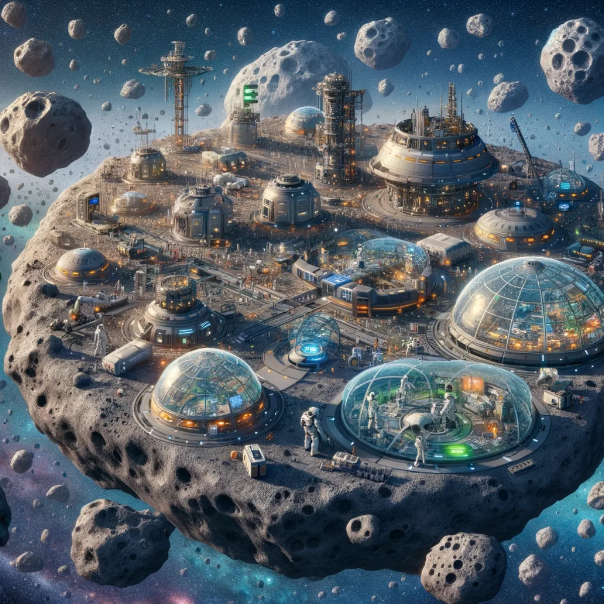 A high-tech asteroid city bustling with activity within the asteroid belt, built on a large asteroid.