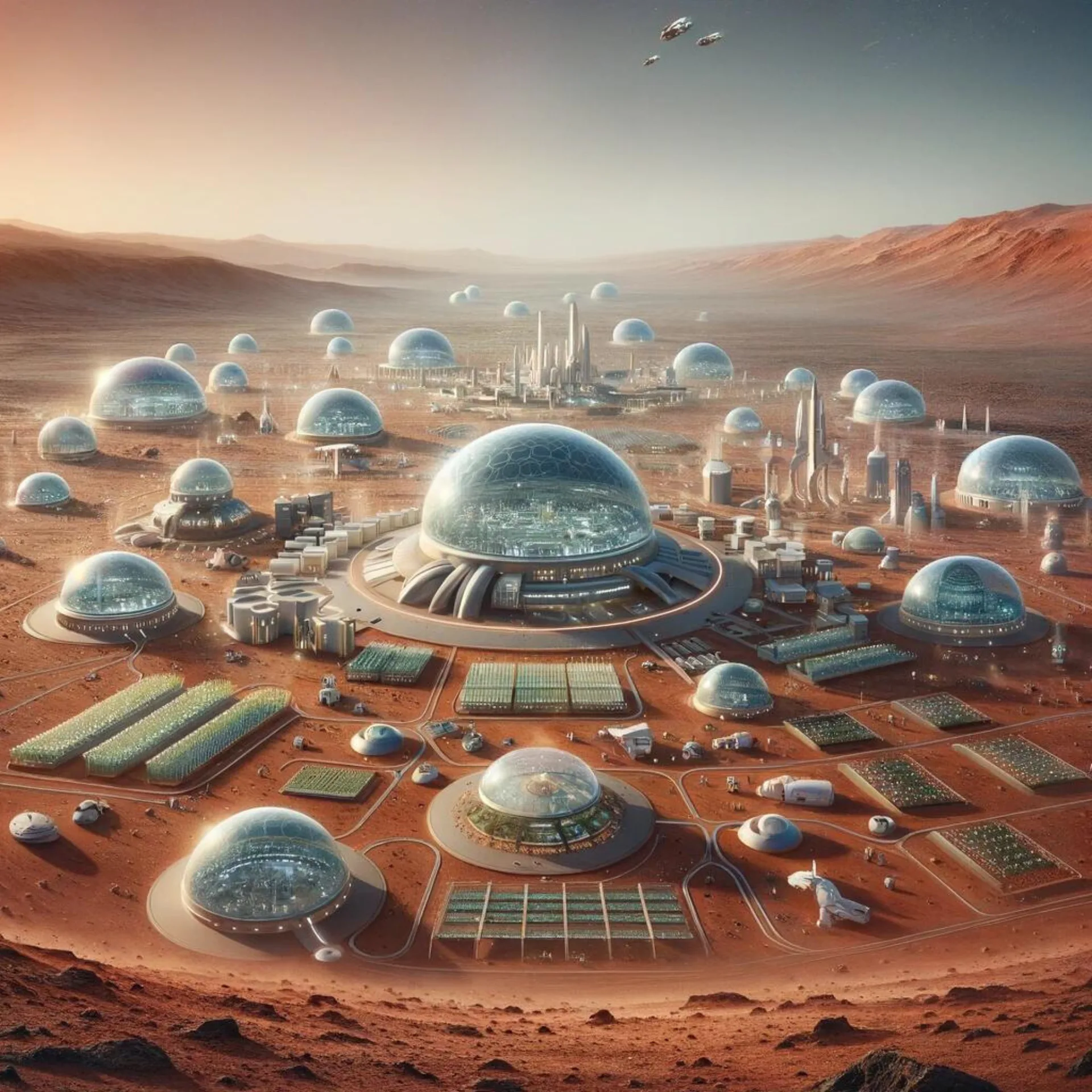 A Mars colonisation and terraforming scene, with the red landscape being transformed into a new civilisation.