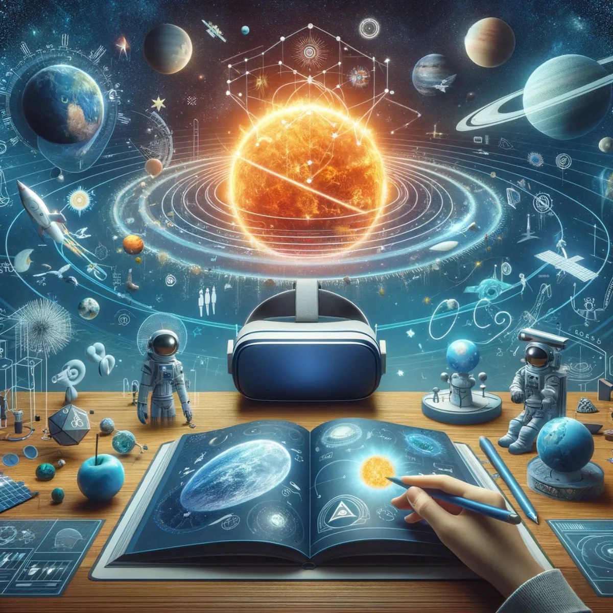 A VR educational interface for space weather with interactive elements.