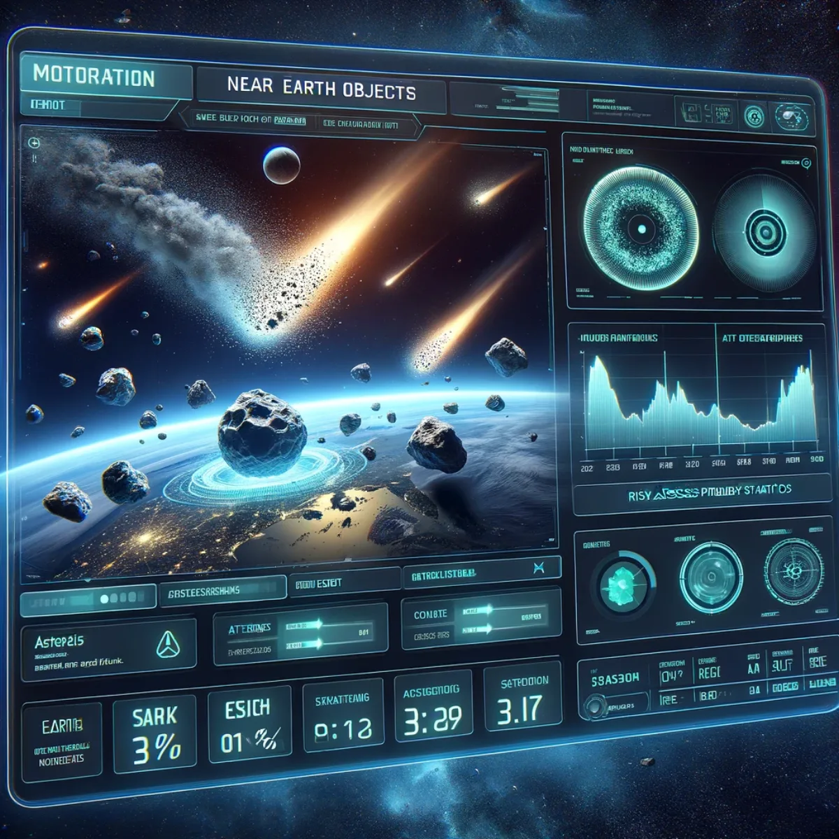 A high-tech dashboard tracking near-Earth asteroids, comets and other celestial bodies.
