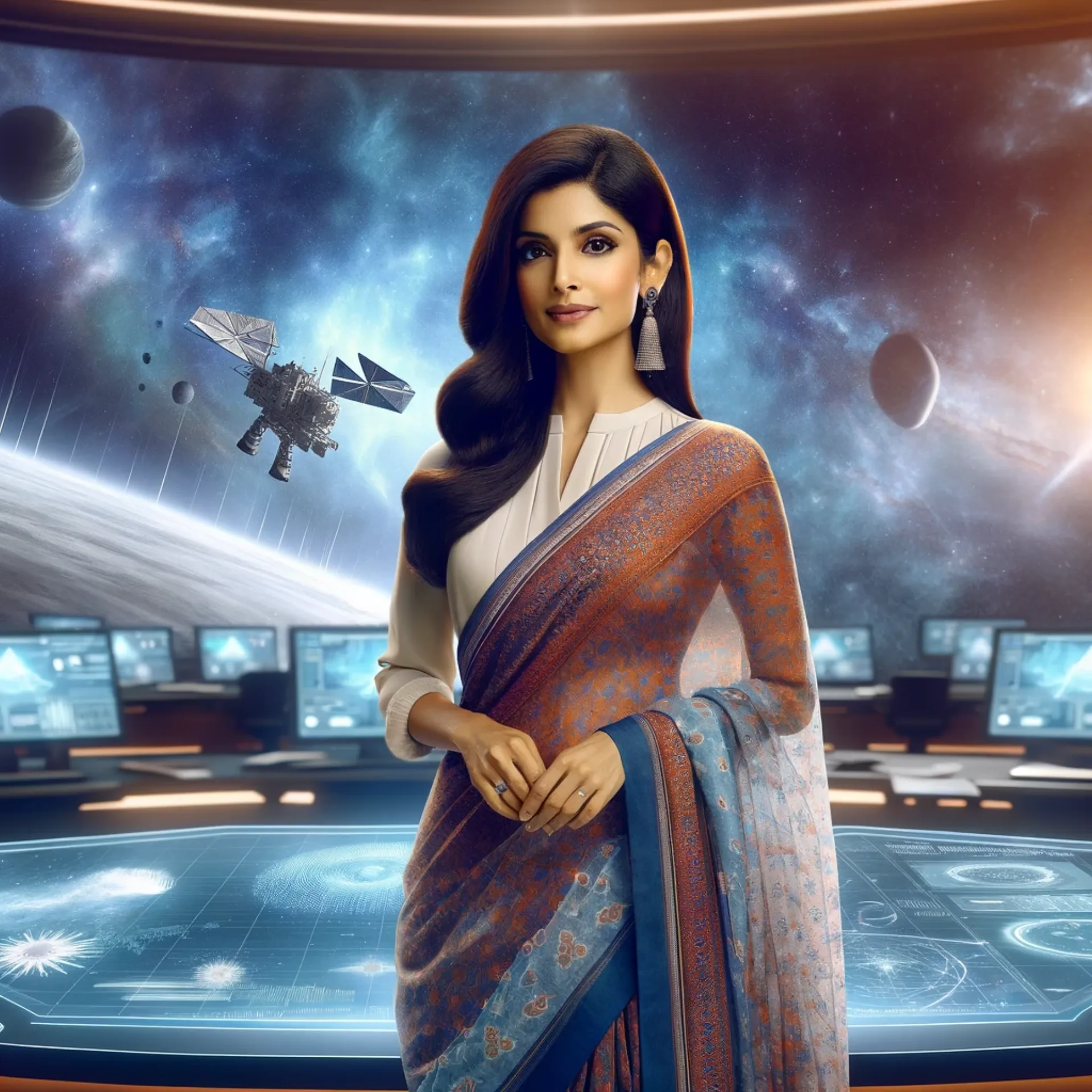 A poised, vibrant Indian woman news reader in a space weather studio.