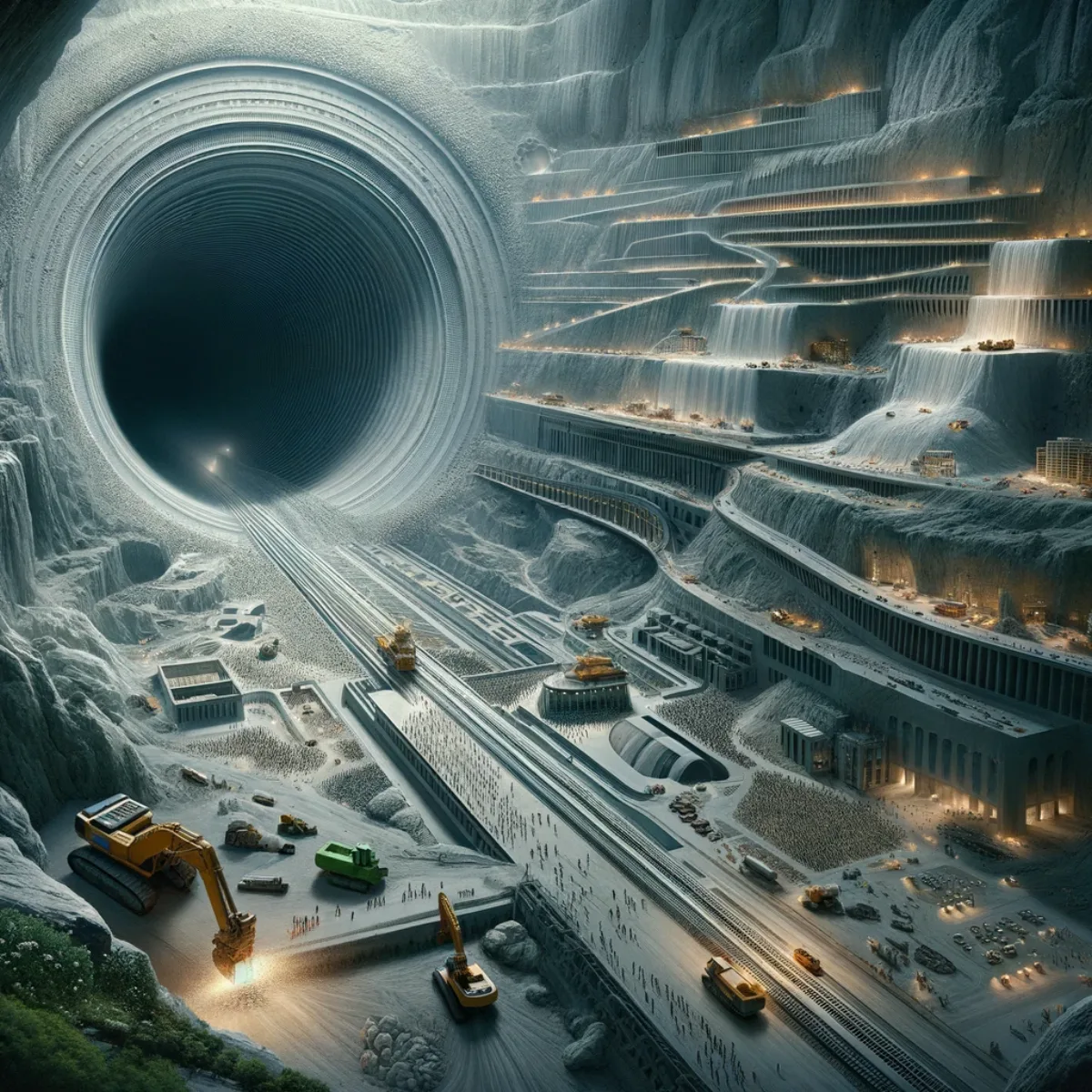 Massive tunnel boring machines and excavation equipment illustrating the scale of excavating bedrock for a subterranean civilisation.