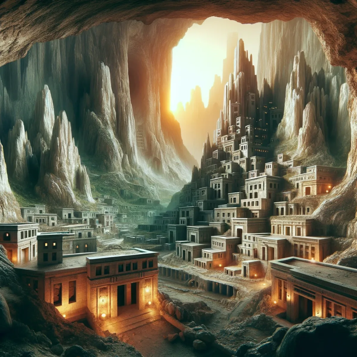 A rocky, mountain-carved subterranean city, an underground civilisation carved into the heart of a mountain with homes and streets.