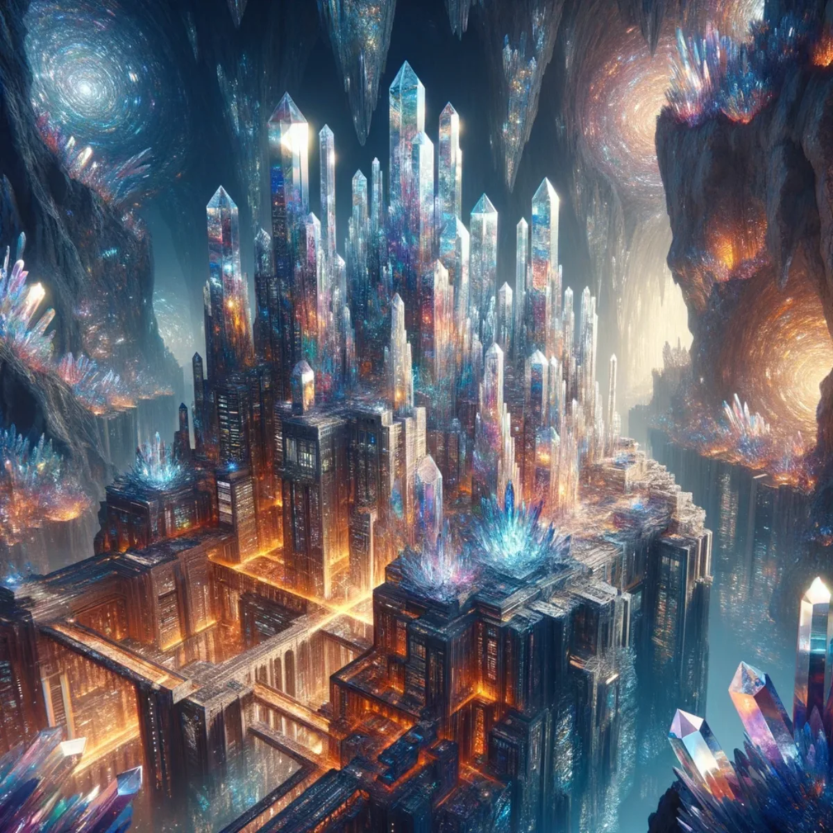 A crystal-themed subterranean city, its architecture and structures made from crystal.