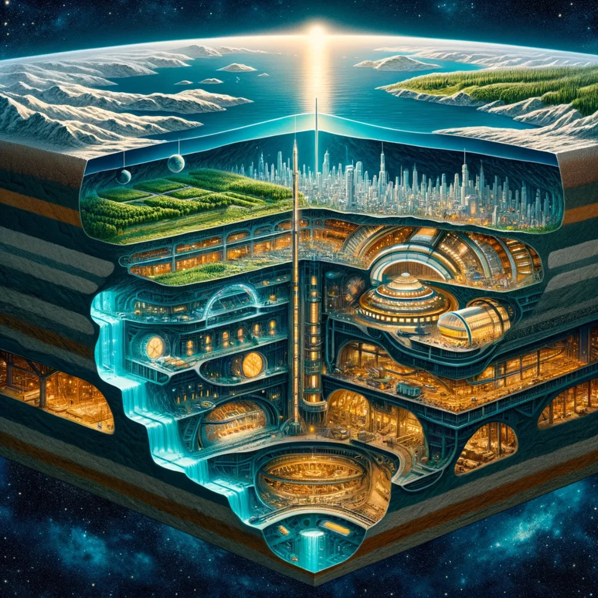 A cutout side-view cross-section showing a subterranean city entirely beneath the Earth's surface.