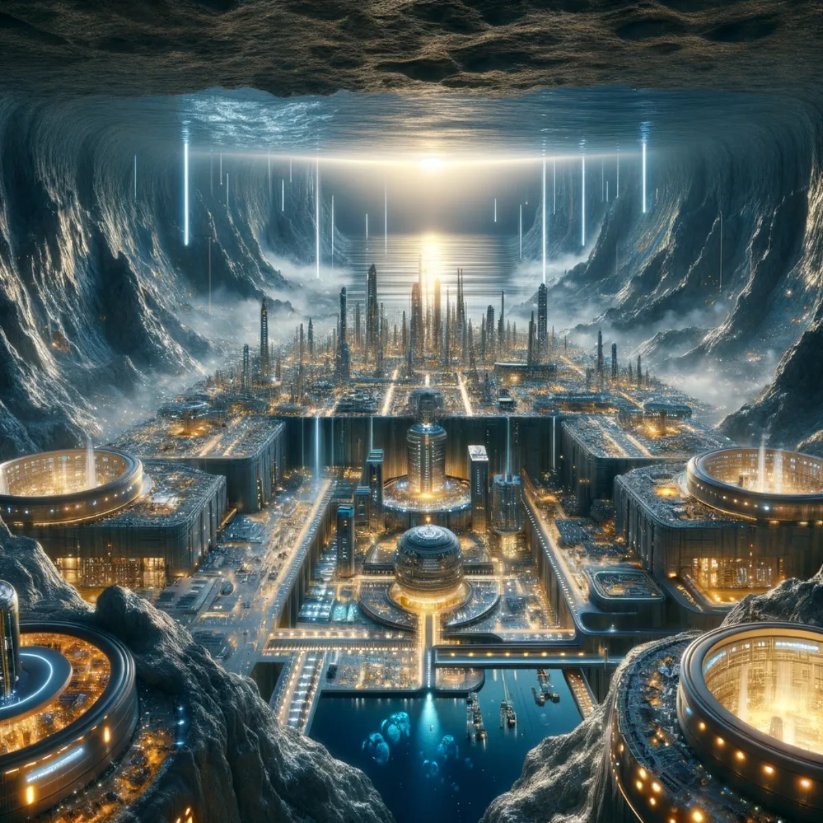 A futuristic underground city beneath the Earth's surface, constructed with advanced materials as a protective haven.
