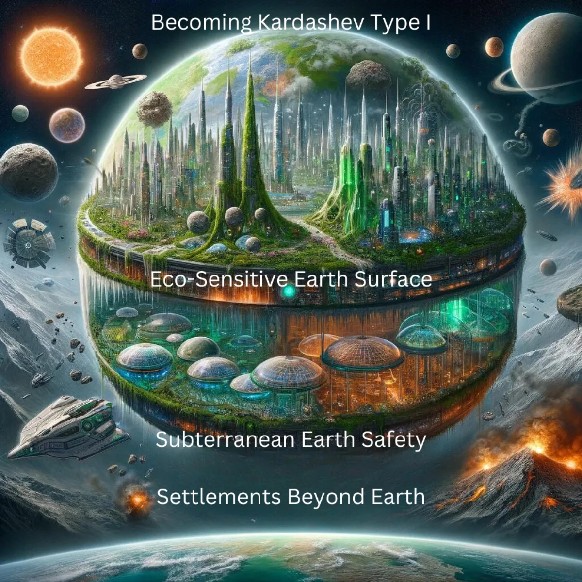 A Tri-Realm Odyssey visualisation, showing life above ground, below ground, and among the stars.