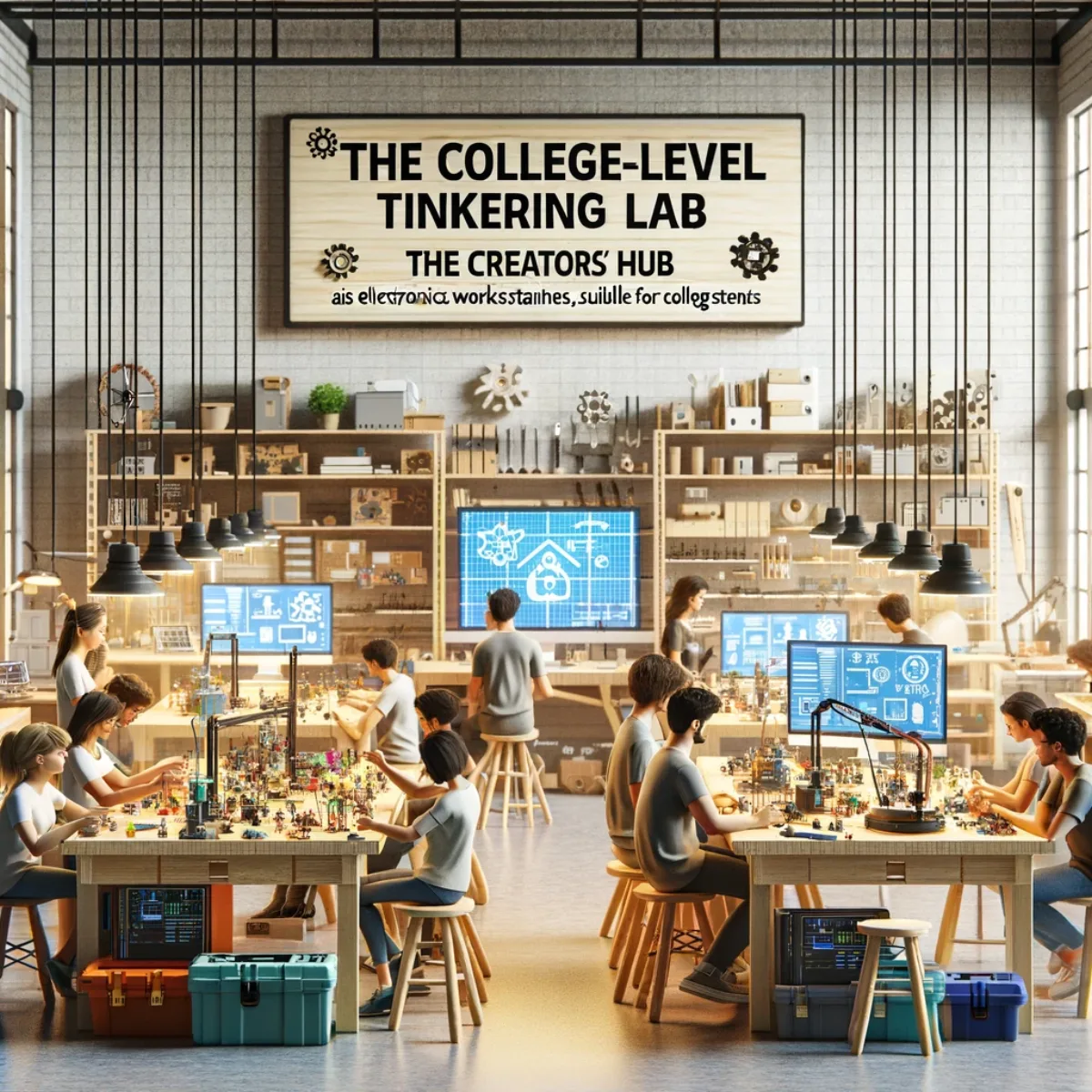 The Creators' Hub, a college-level tinkering lab depicted as a maker space for college students.