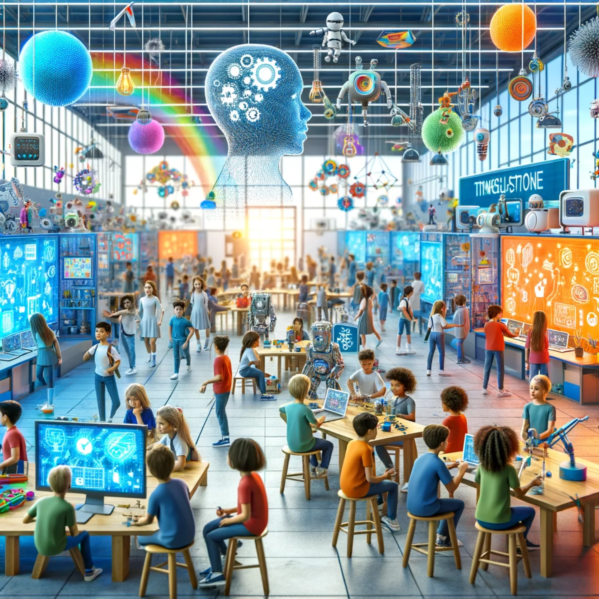 A vibrant, engaging tinkering lab within a school setting, designed as a maker space for all ages.