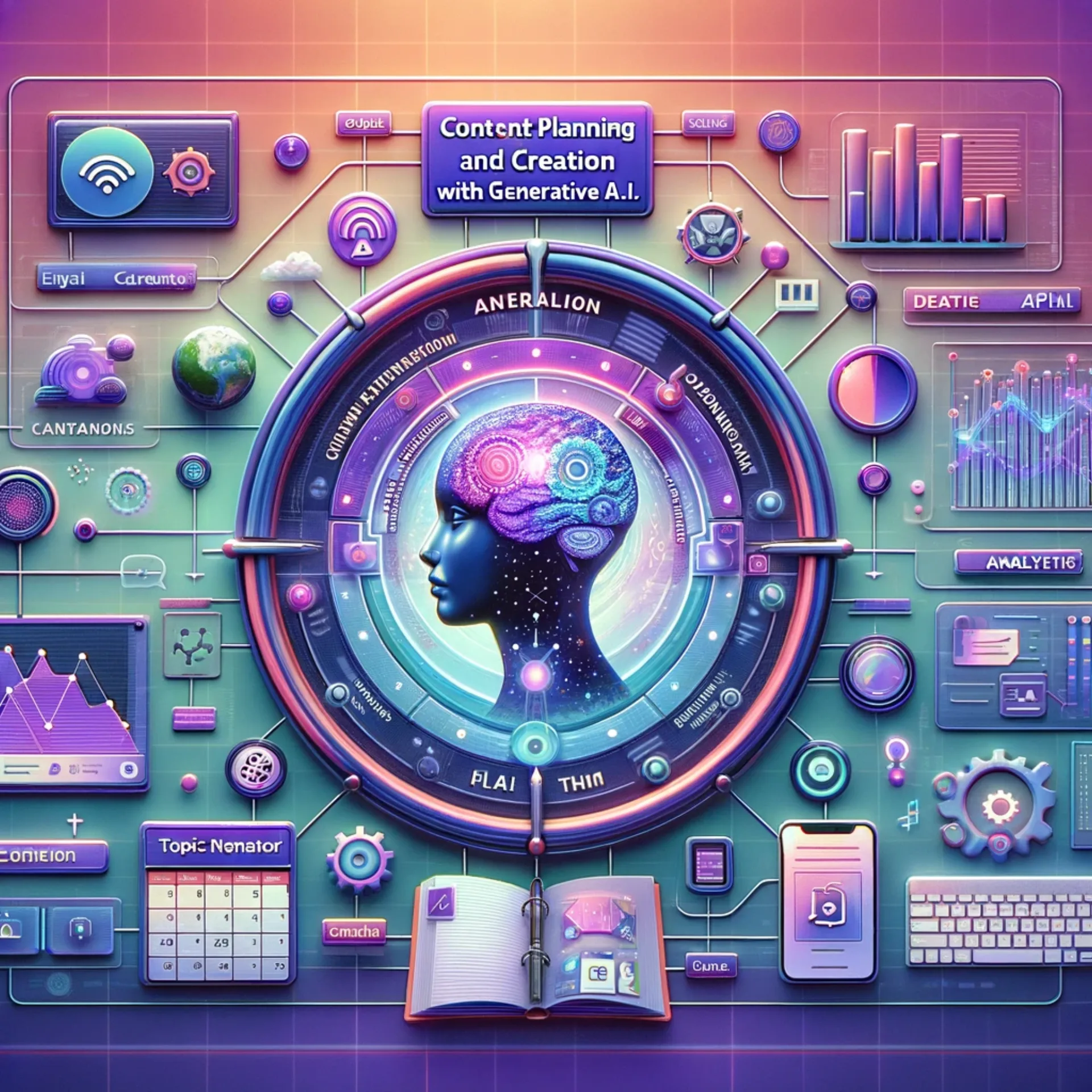 A digital interface for content planning and creation with generative A.I., showing an interactive platform.