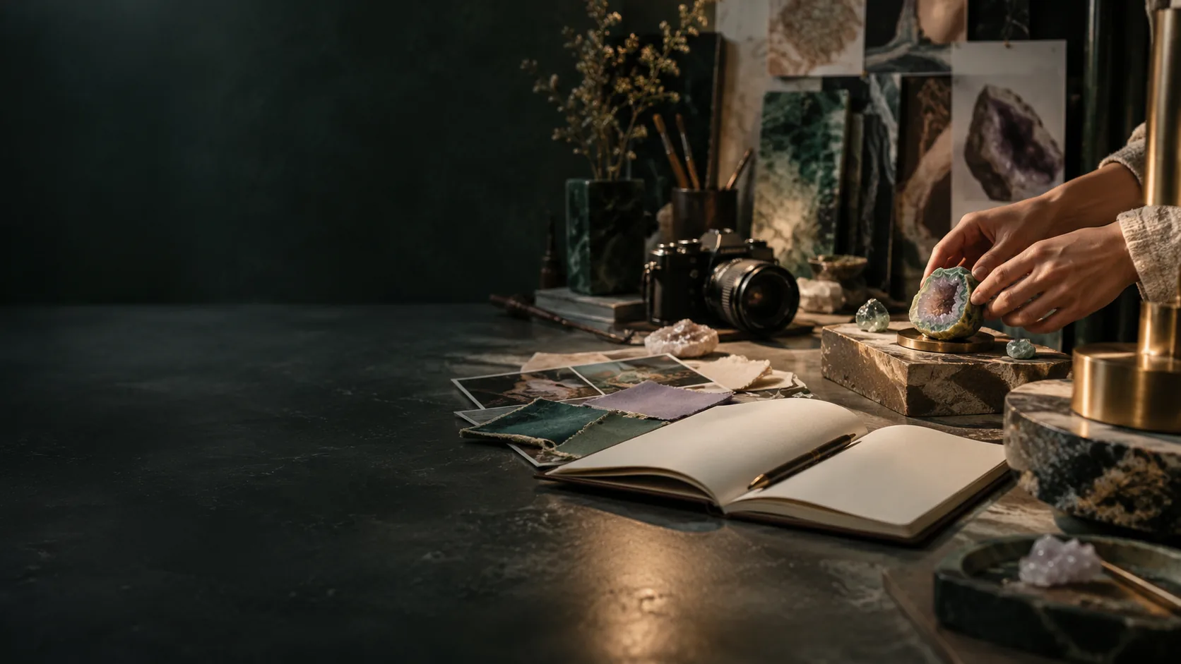 A project workbench with material studies, notes and a prototype fixture
