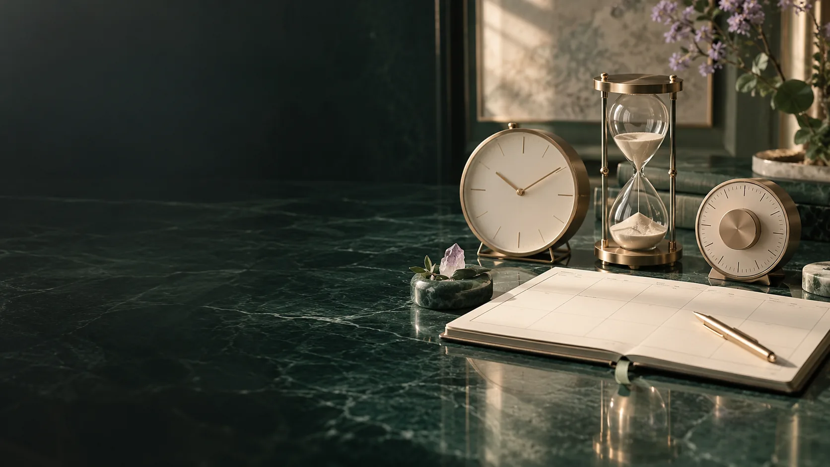 Three distinct timekeeping objects beside an unlabelled planner